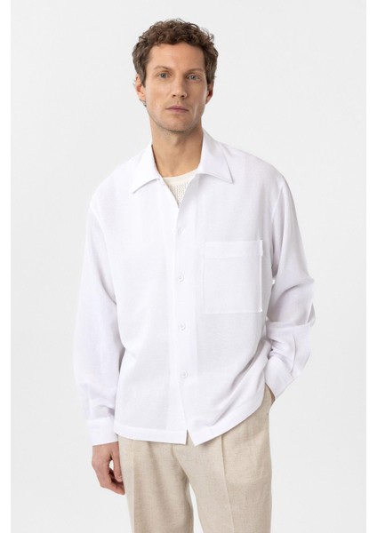 Beyaz Keten Karışımlı Relaxed Erkek Gömlek fiyatları