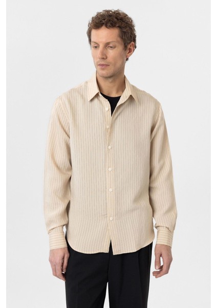 Bej Modal Kumaş Relax Fit Çizgili Erkek Gömlek