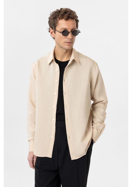 Bej Modal Kumaş Relax Fit Çizgili Erkek Gömlek fiyatları