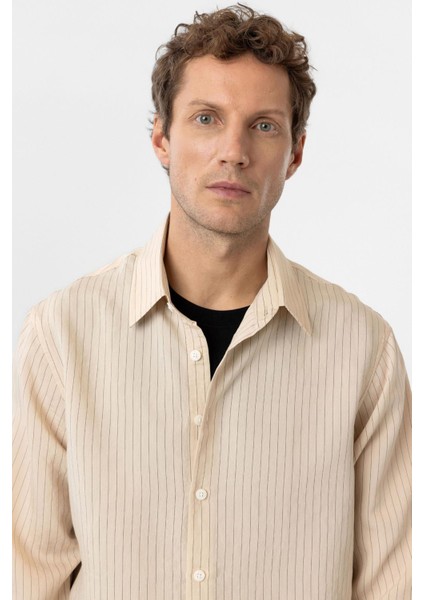 Bej Modal Kumaş Relax Fit Çizgili Erkek Gömlek modelleri