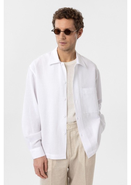 Beyaz Keten Karışımlı Relaxed Erkek Gömlek