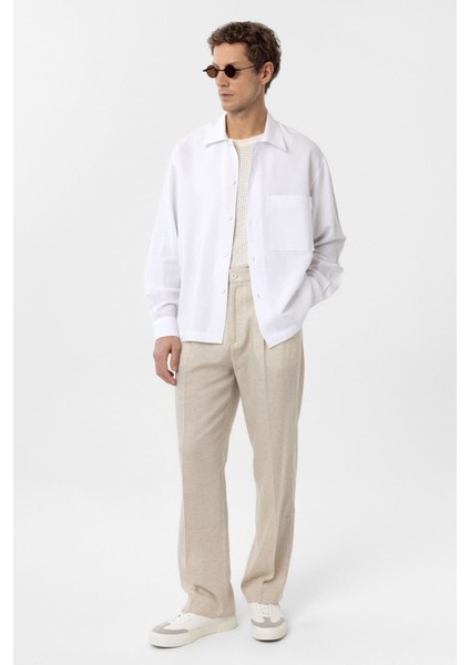 Beyaz Keten Karışımlı Relaxed Erkek Gömlek