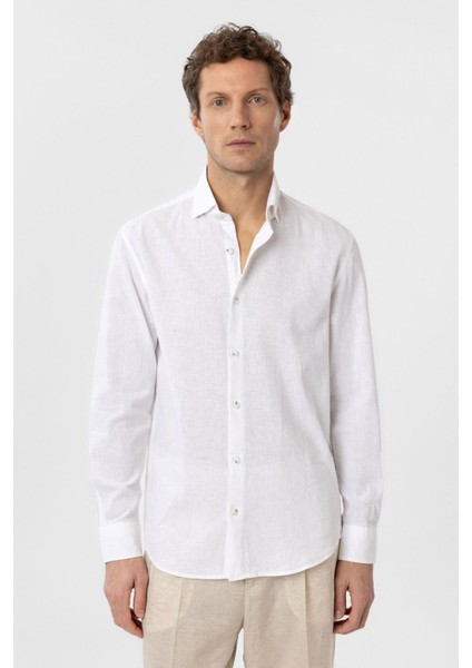 Beyaz Keten Karışımlı Erkek Gömlek