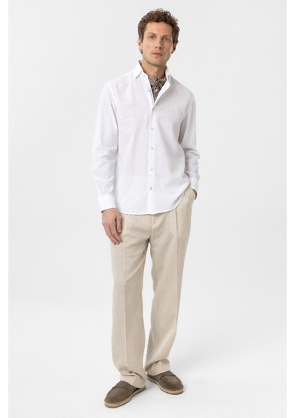 Beyaz Keten Karışımlı Erkek Gömlek modelleri
