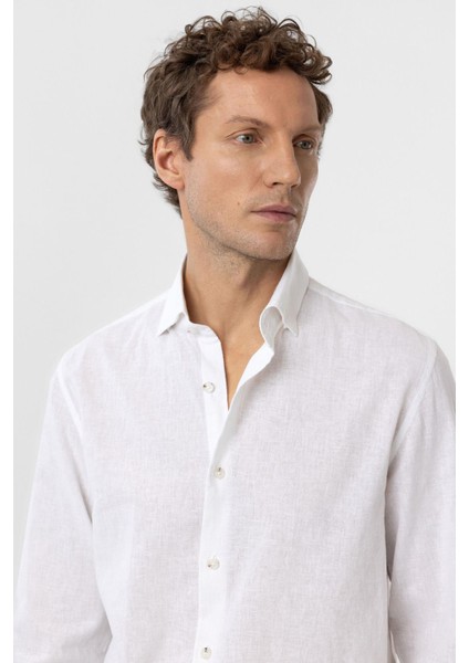 Beyaz Keten Karışımlı Erkek Gömlek fırsatları