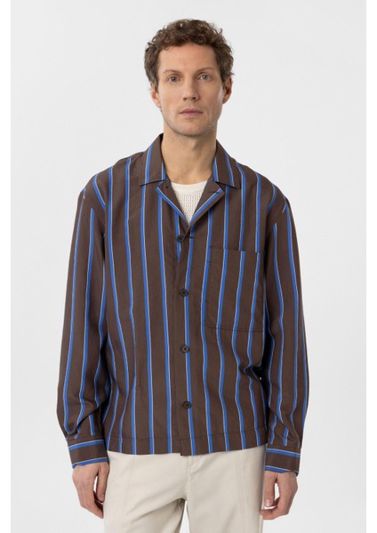 Kahve Relax Fit Çizgili Erkek Gömlek
