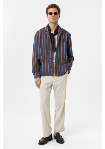 Kahve Relax Fit Çizgili Erkek Gömlek fiyatları