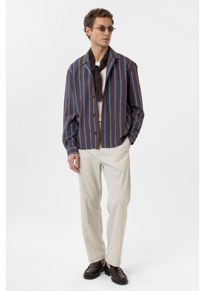 Kahve Relax Fit Çizgili Erkek Gömlek modelleri