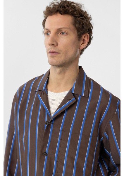 Kahve Relax Fit Çizgili Erkek Gömlek fırsatları