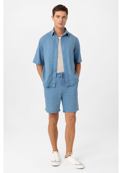 Mavi Keten Karışımlı Relaxed Erkek Gömlek fiyatları