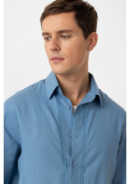 Mavi Keten Karışımlı Relaxed Erkek Gömlek fırsatları