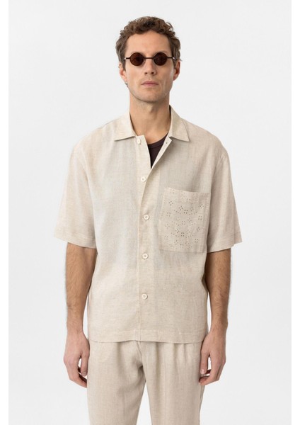Ekru Keten Karışımlı Kısa Kollu Erkek Gömlek