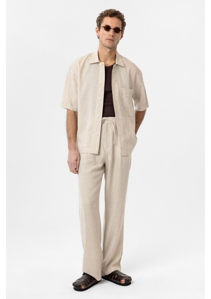 Ekru Keten Karışımlı Kısa Kollu Erkek Gömlek fiyatları