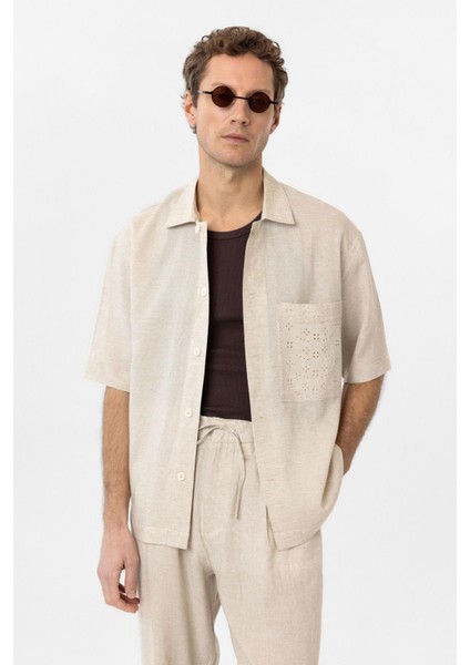 Ekru Keten Karışımlı Kısa Kollu Erkek Gömlek modelleri
