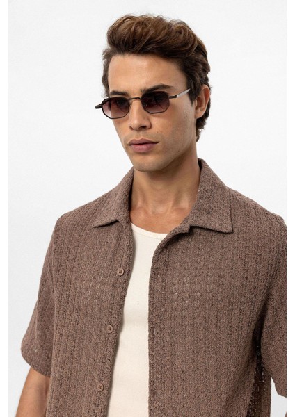 Kahve Dokulu Kroşe Erkek Gömlek