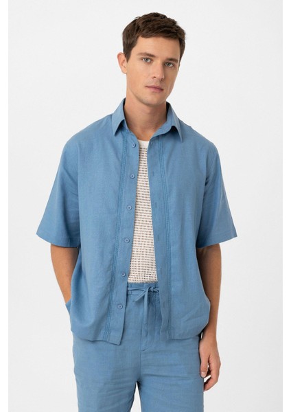 Mavi Keten Karışımlı Relaxed Erkek Gömlek