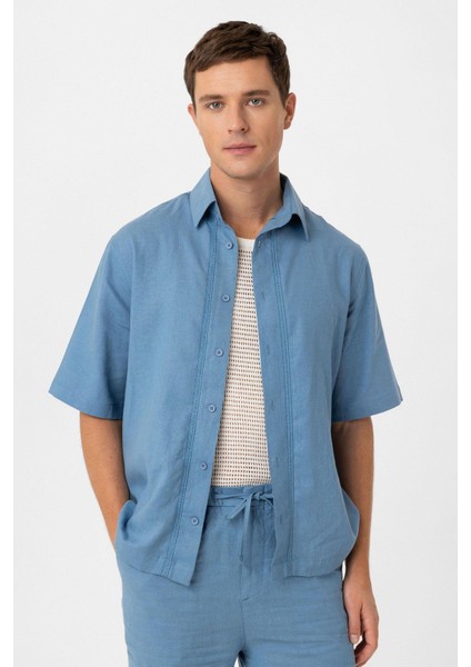 Mavi Keten Karışımlı Relaxed Erkek Gömlek