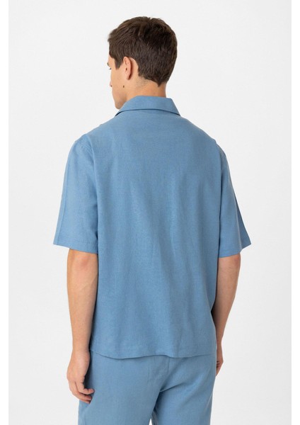 Mavi Keten Karışımlı Relaxed Erkek Gömlek
