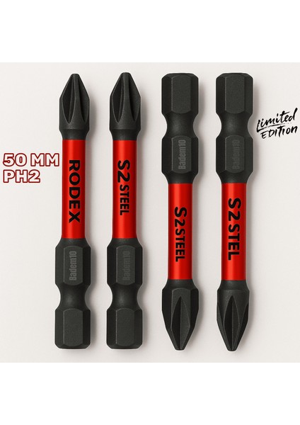 Rodex 4 Adet Mıknatıslı Bits Uç Ph2 50 mm Vida Sökme 5 cm Yıldız Matkap Vidalama Ucu S2 Çeliği