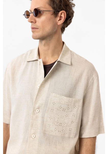 Ekru Keten Karışımlı Kısa Kollu Erkek Gömlek fırsatları