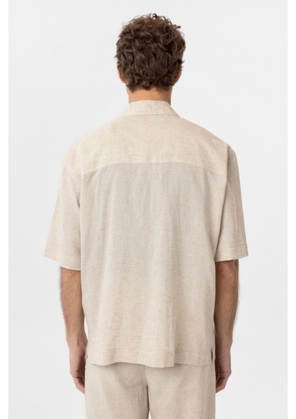 Ekru Keten Karışımlı Kısa Kollu Erkek Gömlek indirimleri
