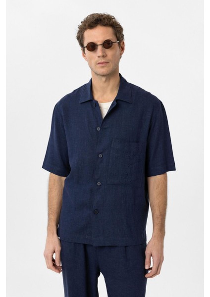 Lacivert Keten Karışımlı Kısa Kollu Erkek Gömlek