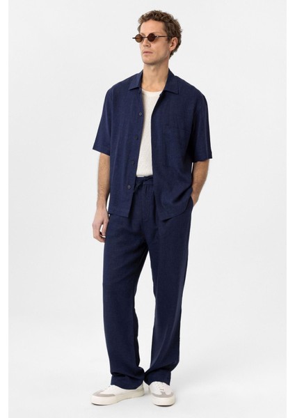 Lacivert Keten Karışımlı Kısa Kollu Erkek Gömlek fiyatları