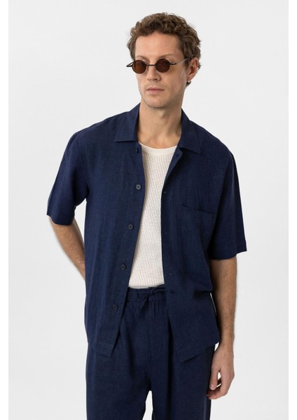 Lacivert Keten Karışımlı Kısa Kollu Erkek Gömlek modelleri