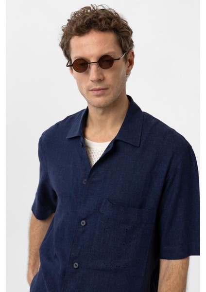 Lacivert Keten Karışımlı Kısa Kollu Erkek Gömlek fırsatları