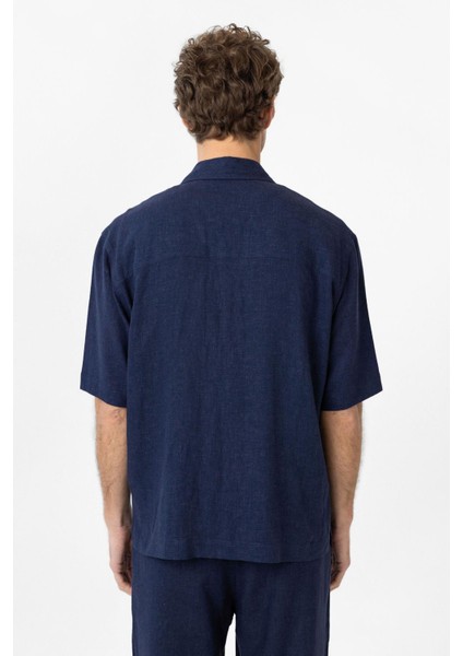 Lacivert Keten Karışımlı Kısa Kollu Erkek Gömlek indirimleri