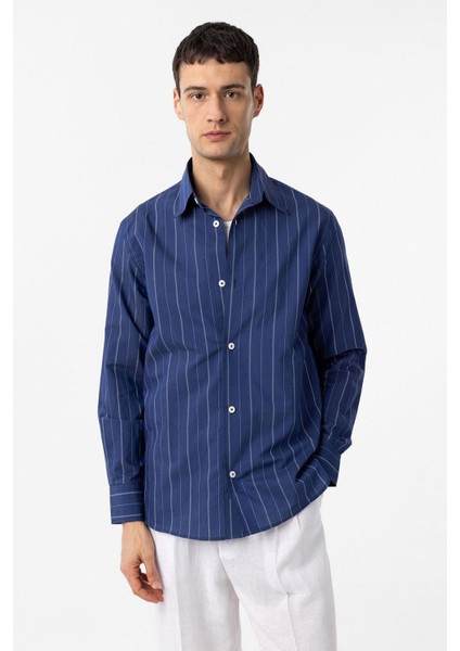 Lacivert Relaxed Çizgili Erkek Gömlek