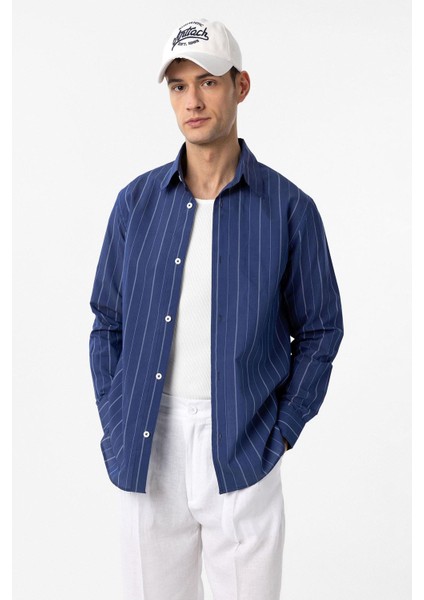 Lacivert Relaxed Çizgili Erkek Gömlek fiyatları
