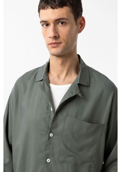 Haki Keten Karışımlı Relax Fit Erkek Gömlek modelleri