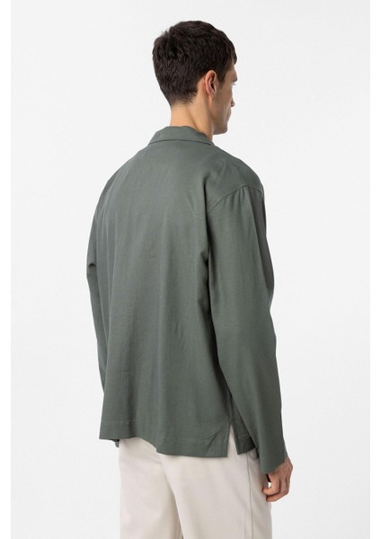 Haki Keten Karışımlı Relax Fit Erkek Gömlek fırsatları
