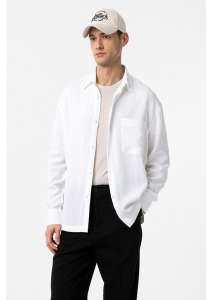 Beyaz Keten Karışımlı Relax Fit Erkek Gömlek