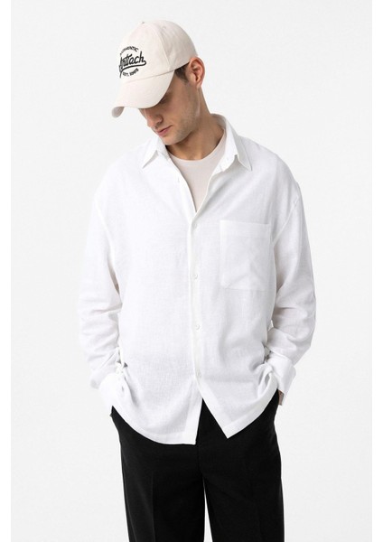 Beyaz Keten Karışımlı Relax Fit Erkek Gömlek modelleri