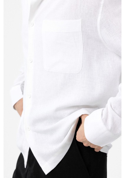 Beyaz Keten Karışımlı Relax Fit Erkek Gömlek fırsatları