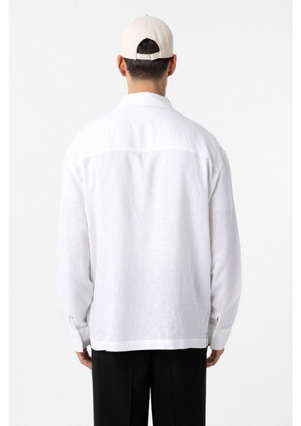 Beyaz Keten Karışımlı Relax Fit Erkek Gömlek indirimleri
