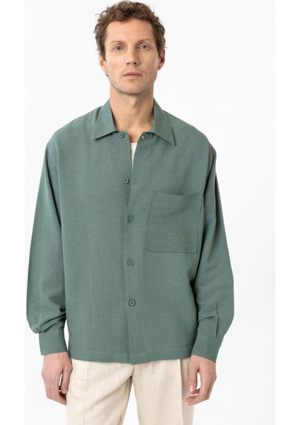 Yeşil Keten Karışımlı Relaxed Erkek Gömlek