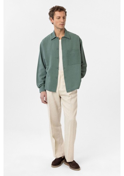 Yeşil Keten Karışımlı Relaxed Erkek Gömlek