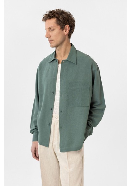 Yeşil Keten Karışımlı Relaxed Erkek Gömlek