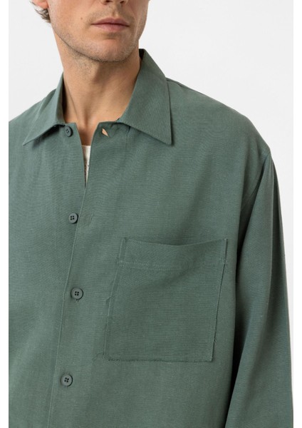 Yeşil Keten Karışımlı Relaxed Erkek Gömlek