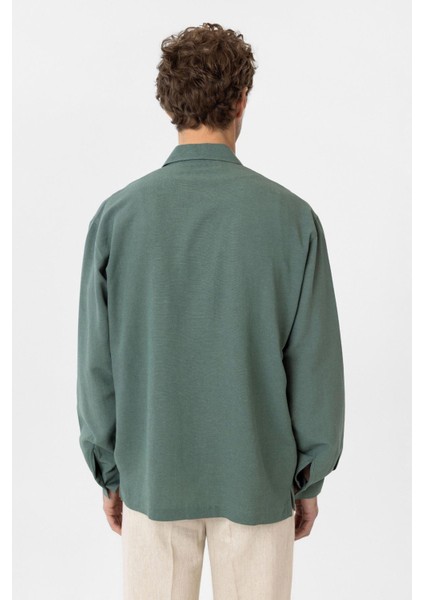 Yeşil Keten Karışımlı Relaxed Erkek Gömlek