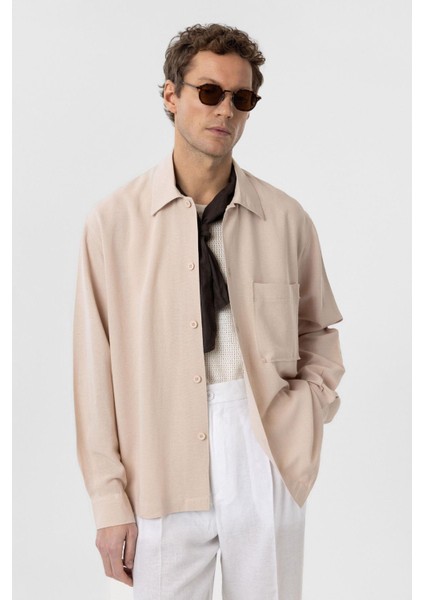 Bej Keten Karışımlı Relaxed Erkek Gömlek