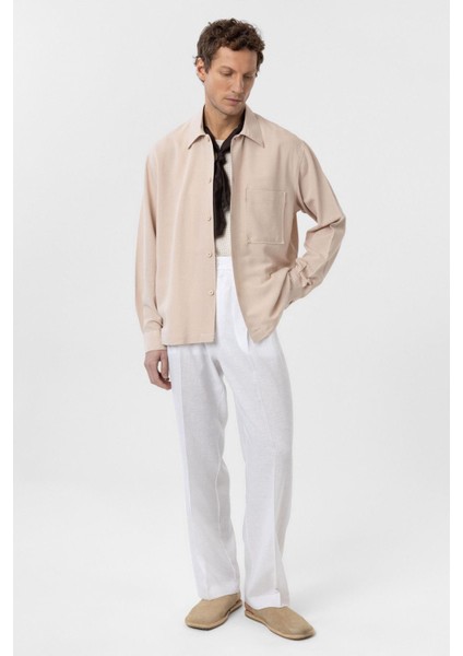 Bej Keten Karışımlı Relaxed Erkek Gömlek