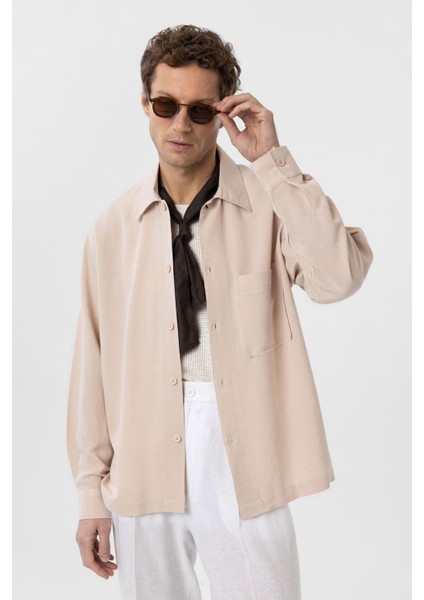 Bej Keten Karışımlı Relaxed Erkek Gömlek