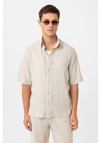 Taş Keten Karışımlı Relaxed Erkek Gömlek