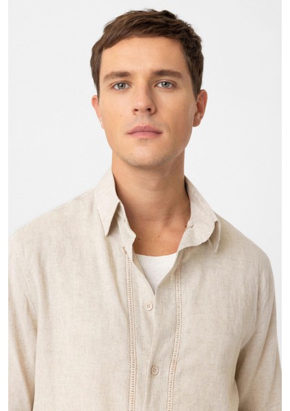 Taş Keten Karışımlı Relaxed Erkek Gömlek