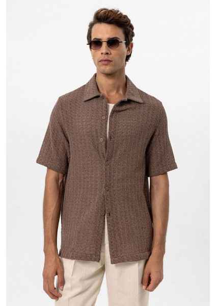 Kahve Dokulu Kroşe Erkek Gömlek