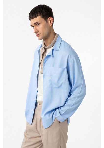 Açık Mavi Keten Karışımlı Relax Fit Erkek Gömlek